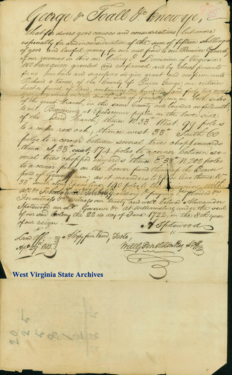Land patent from Lt. Gov. Alexander Spotswood to Richard Nance for 142 acres of land in Prince George County (Ms80-222)