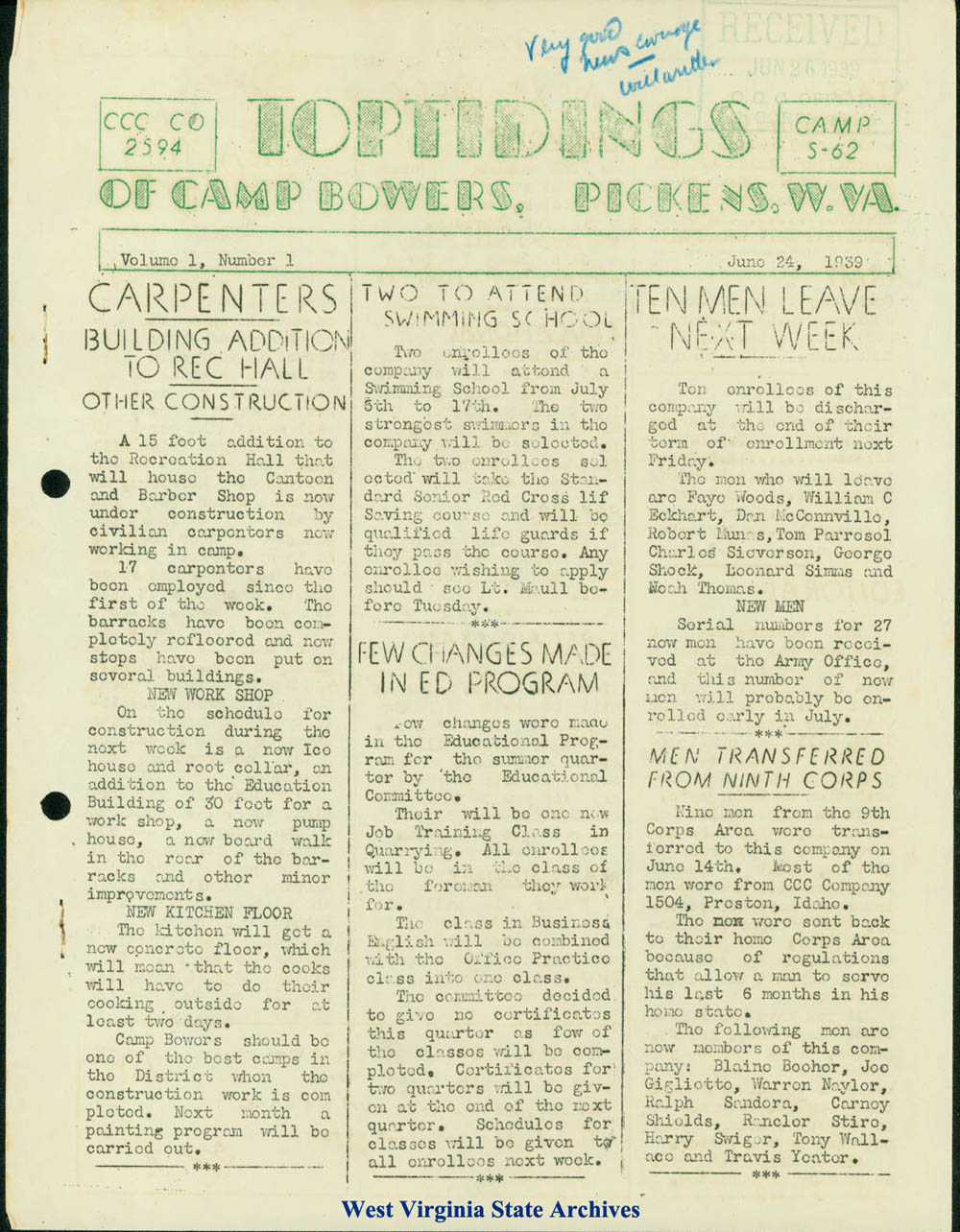 <i>Toptidings of Camp Bowers</i>, Pickens, W. Va., CCC Co. 2594, Camp S-62, Volume 1, Number 1, featuring news and events, 1939 (Ms85-17, CCC Collection, 1939)
