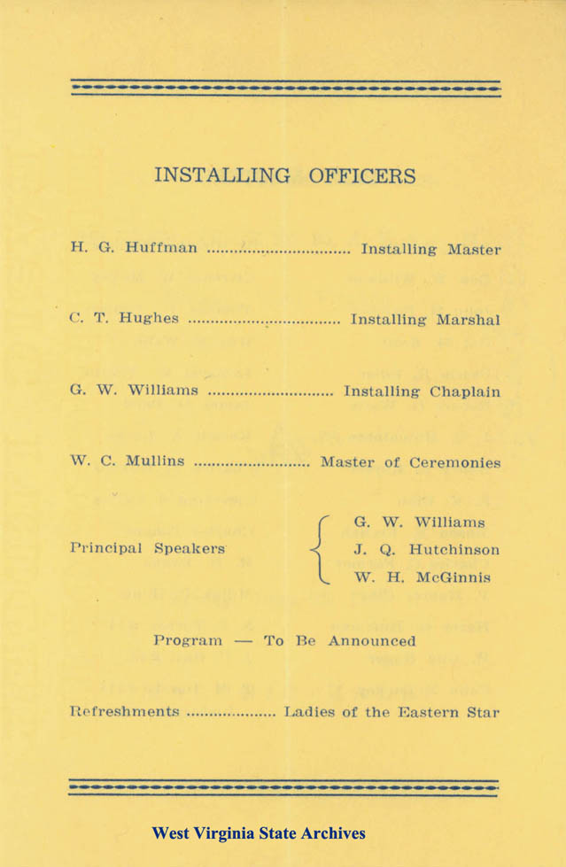 Program from the 49th Annual Installation at the Beckley Lodge No. 95, A. F. & A. M., Masonic Hall, 1943 (Ms2008-091, B2)