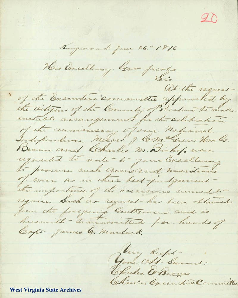 Letter from Charles Brown to Gov. John. J. Jacob, requesting arms and munitions to celebrate National Independence, Preston County, 1876 (Ar1725)