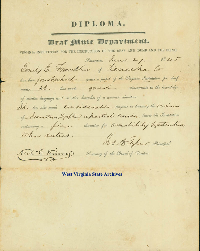 Diploma from the Virginia Institution for the Instruction of the Deaf and Dumb and the Blind awarded to Emily Franklin of Kanawha County, 1845 (Ms92-109)
