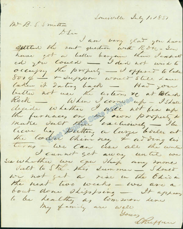 Correspondence from Lewis Ruffner to Benjamin S. Smithers discussing whether he will continue salt making for the season, 1857. (Ms80-212)