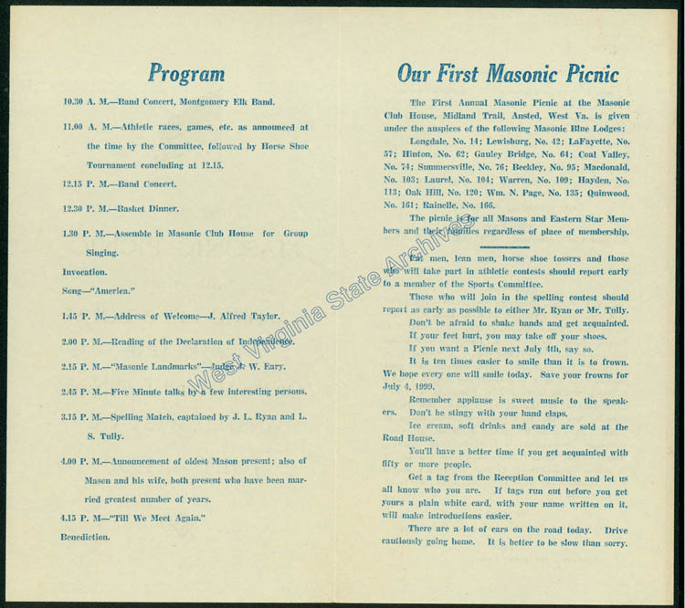 Brochure for the first Annual Masonic Picnic held in Ansted, July 4, 1930. (Ms2018-005)