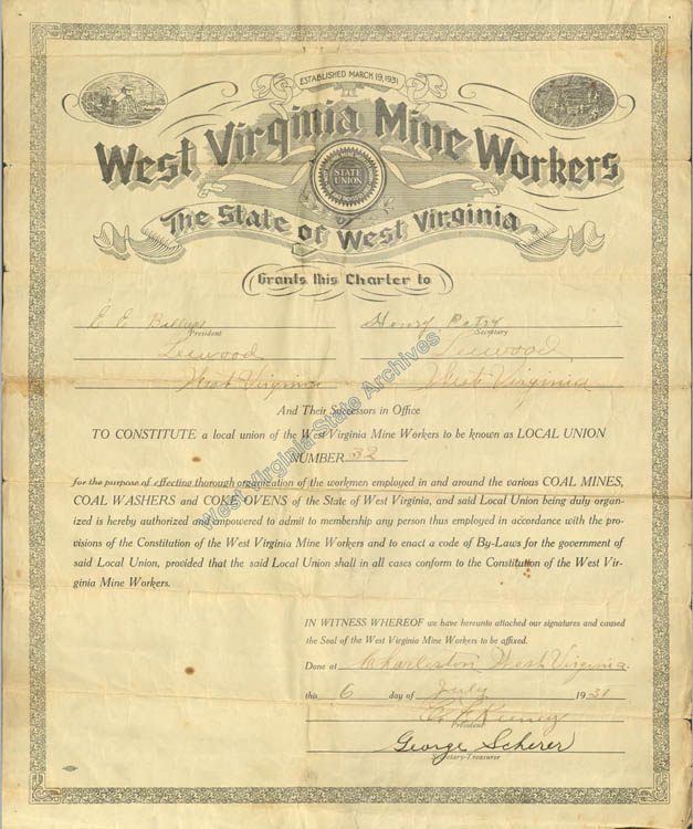 West Virginia Mine Workers Local 32 Charter at Leewood, 1931. (Sc2008-034)