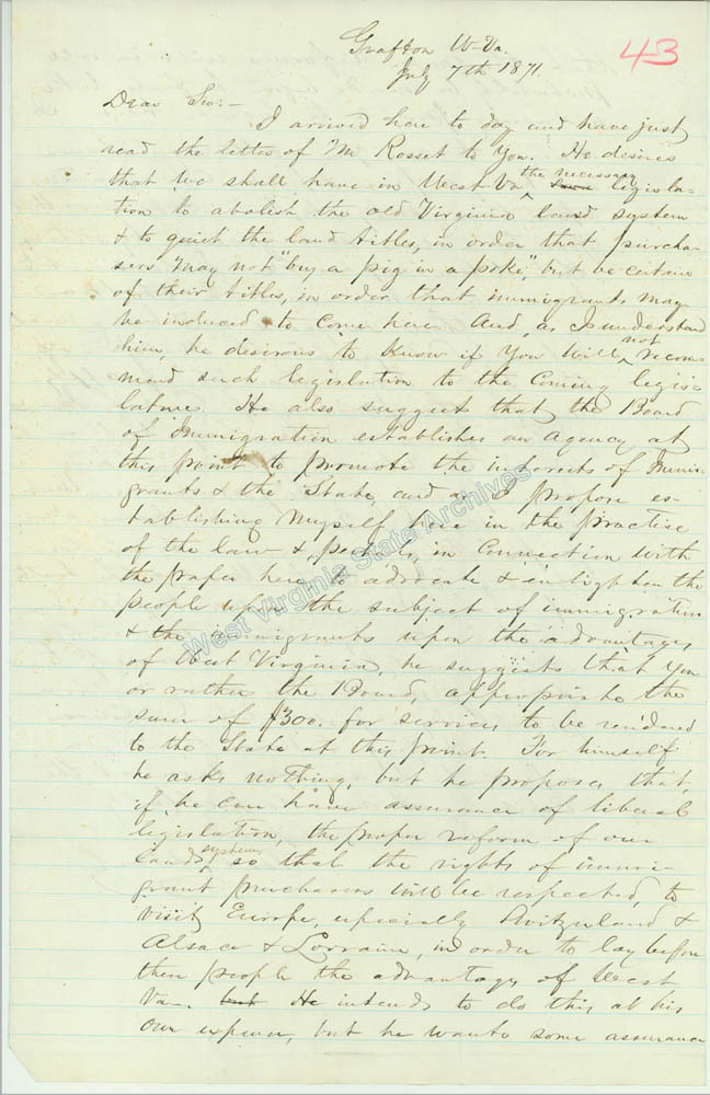 Letter from M. M. Dent explaining the need for legislation to abolish the old Virginia land system to ensure clear titles to lands, 1871. (Ar1725)