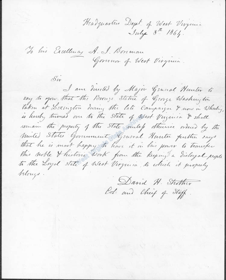 David H. Strother letter to Governor Arthur I. Boreman concerning George Washington Statue located in Wheeling taken from Virginia Military Institute during the Civil War, 1864. (Ar1748)