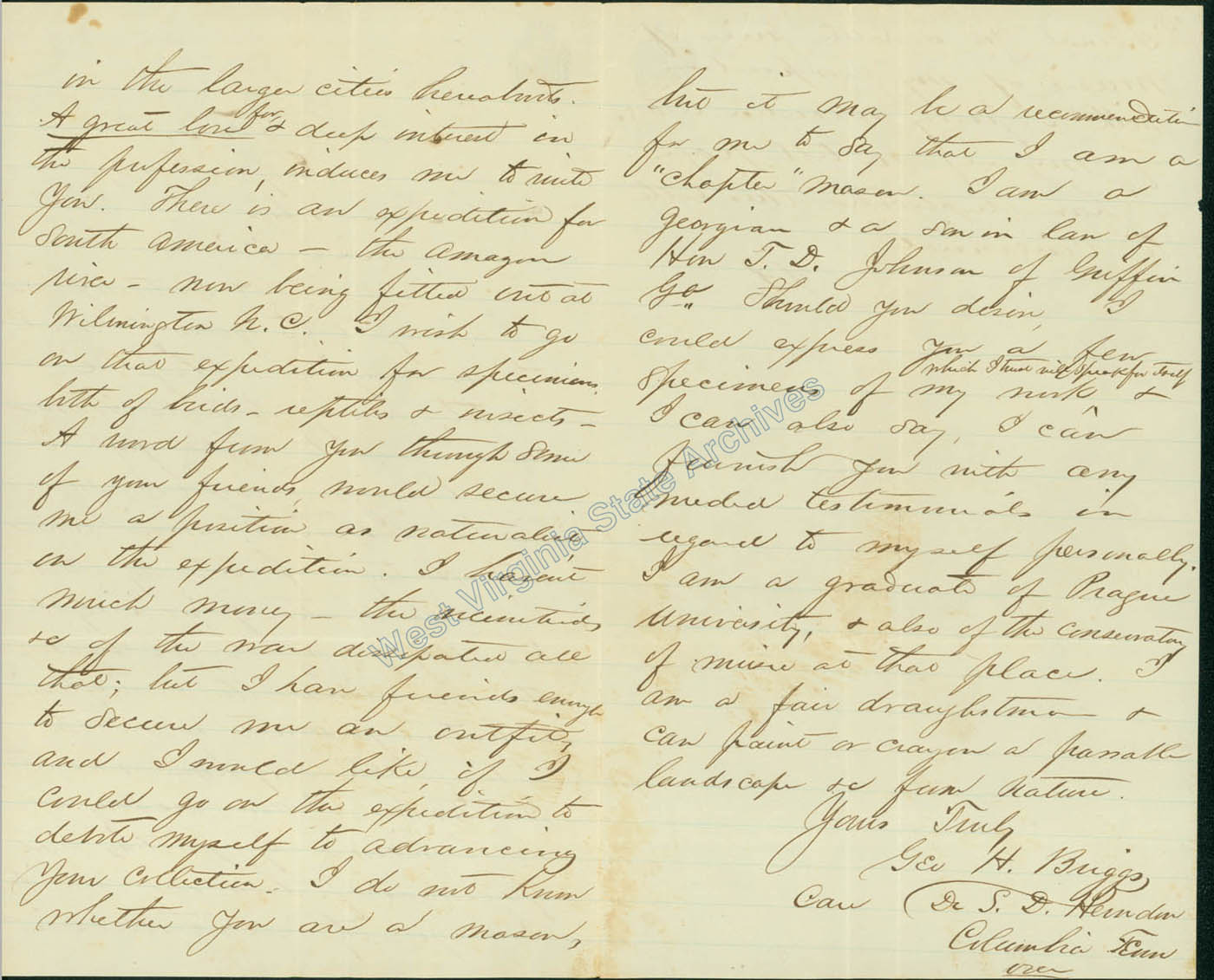 Correspondence from George H. Briggs to William Henry Edwards requesting Edwardss recommendation for a South America expedition, 1869. (Ms79-2)