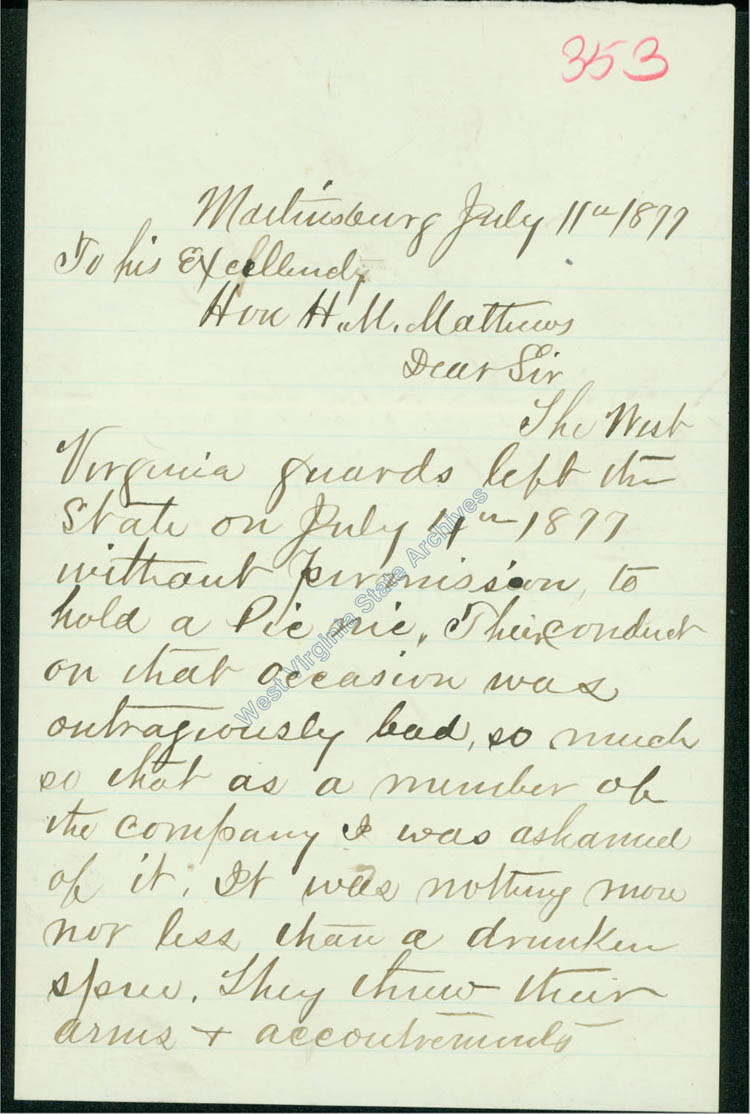 R. W. Zepp letter of resignation from West Virginia Guard, 1877. (Ar1726)