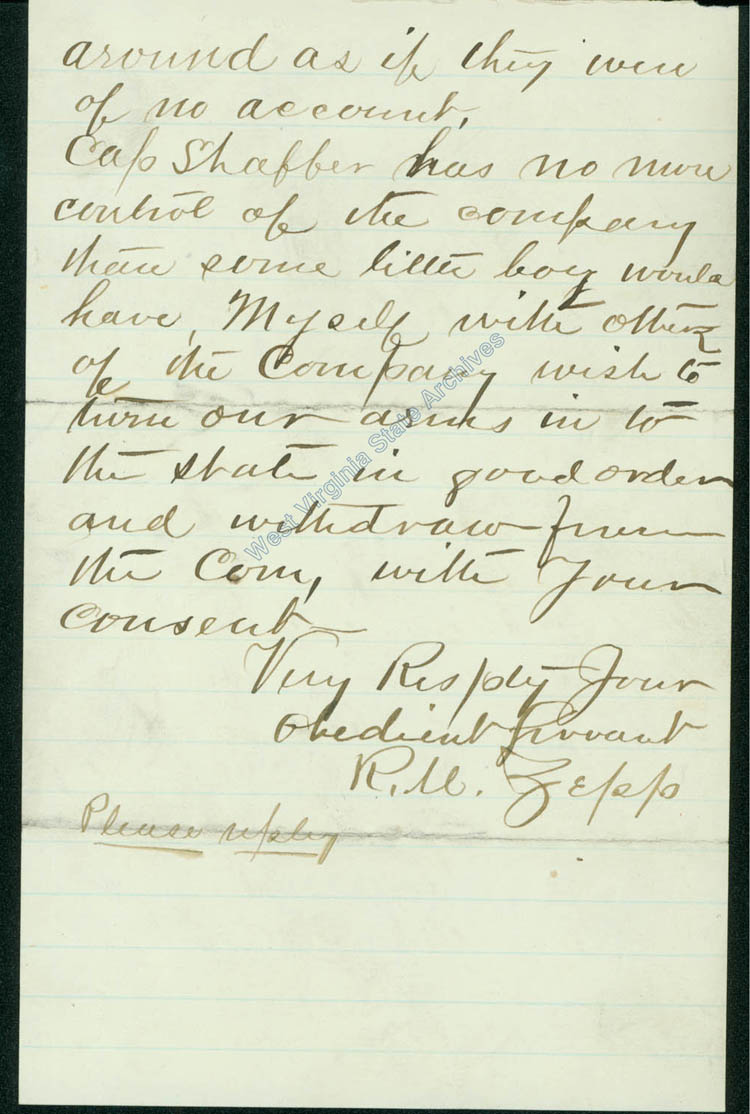 R. W. Zepp letter of resignation from West Virginia Guard, 1877. (Ar1726)