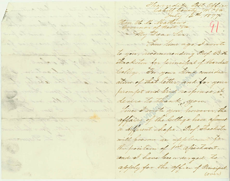 Correspondence from D. L. Duncan to H. M. Mathews recommending Professor B. H. Thackston for Principal of Marshall College, 1877. (Ar1726)