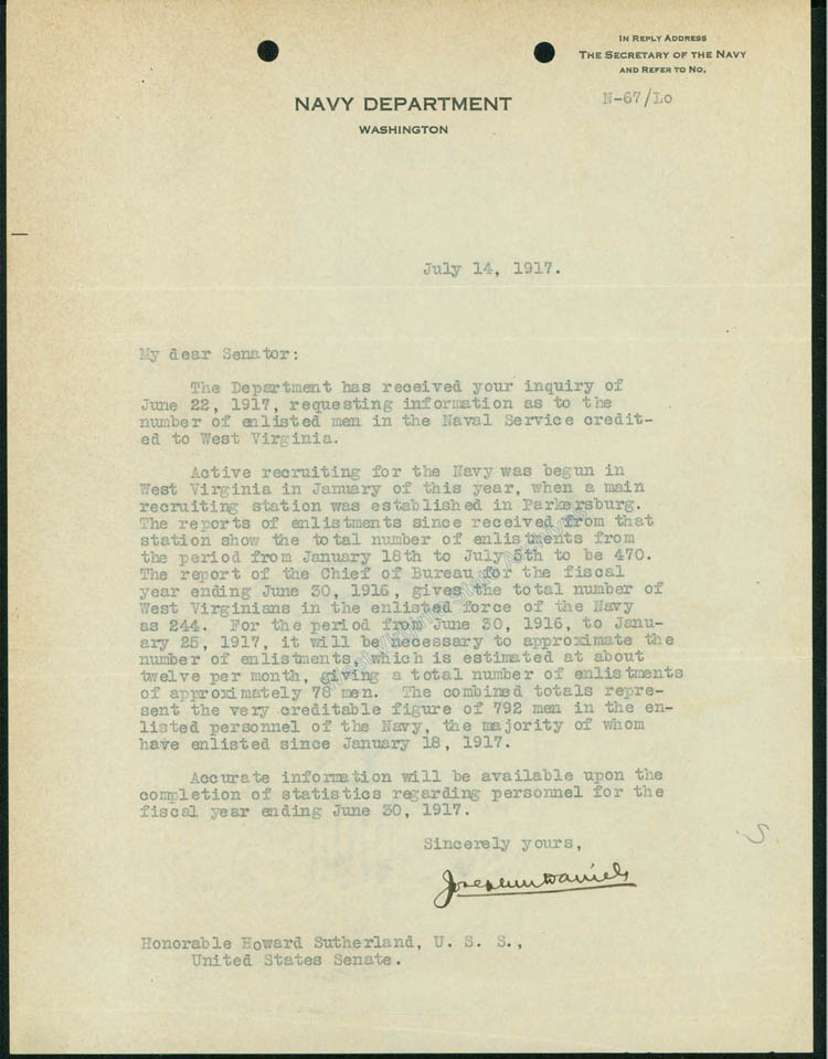 Secretary of the Navy Josephus Daniels's reply to Senator Howard Sutherland's request for information concerning number of enlisted men in Naval Service credited to West Virginia, 1917 (Ms83-2)