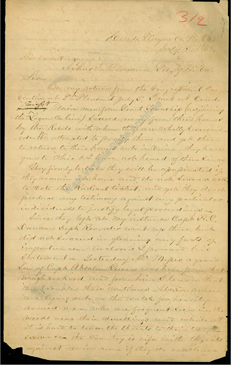 Joseph C. Wheelers letter to Governor Arthur I. Boreman regarding Union men being scared away from their homes by Rebels in Grant Township, Wayne County, 1868. (Ar1723)