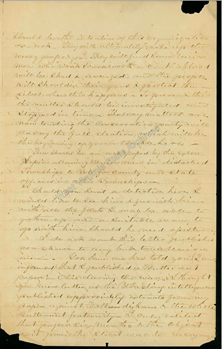 Joseph C. Wheelers letter to Governor Arthur I. Boreman regarding Union men being scared away from their homes by Rebels in Grant Township, Wayne County, 1868. (Ar1723)