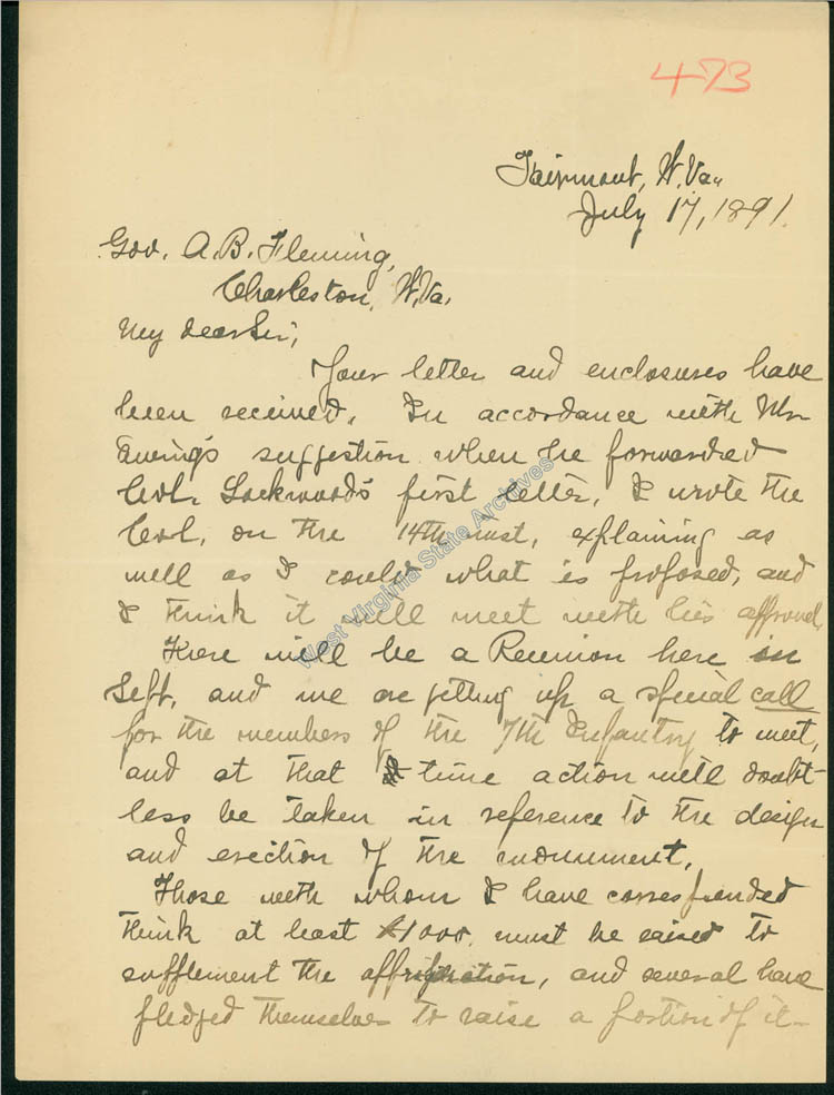 Letter from Thomas C. Miller to Governor Aretas B. Fleming concerning impending reunion of 7th West Virginia Infantry as well as the need for a monuments commission, 1891. (Ar1729))