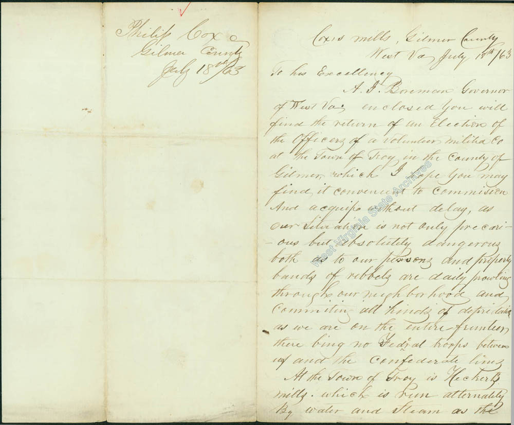 Letter from Philip Cox to Governor Arthur I. Boreman requesting commission of the elected officers of a volunteer militia in Gilmer County, including a list of proposed officers and privates, 1862. (Ar373)