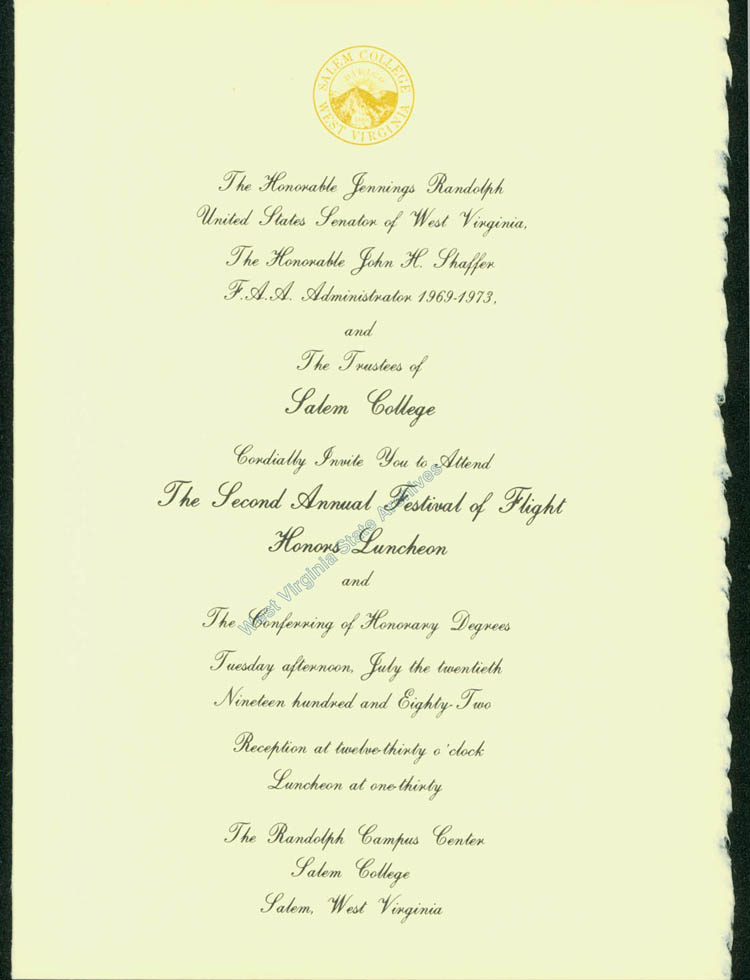 Invitation for the Second Annual Festival of Flight Honors Luncheon, Salem College, 1982. (Ms2017-016)