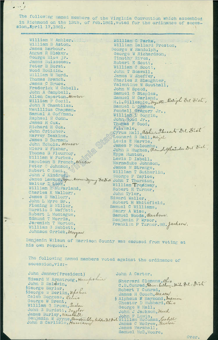 James C. McGrews description of the Virginia Secession Convention, including a list of delegates and their votes, 1904. (Ms2011-031)