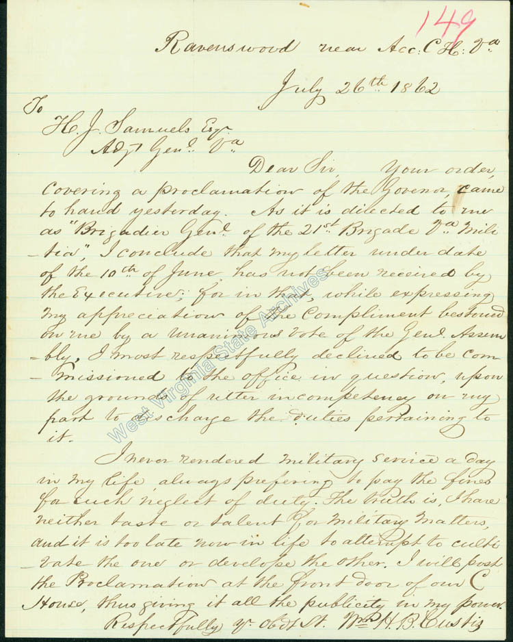 William Curtiss letter declining a commission as brigadier general in the 21st Brigade Virginia Militia due to military incompetence, 1862. (Ar1722)