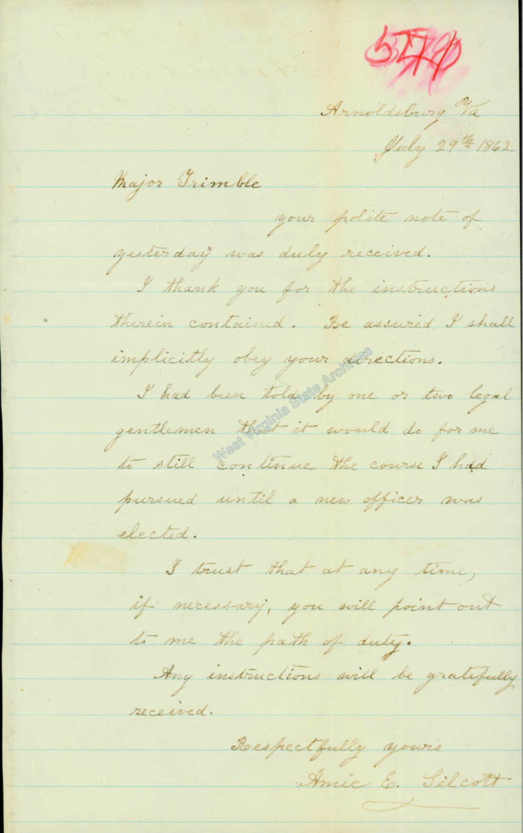 Amie Silcotts reply to Major George C. Trimble concerning her issuing marriage licenses, 1862. (Ar1722)