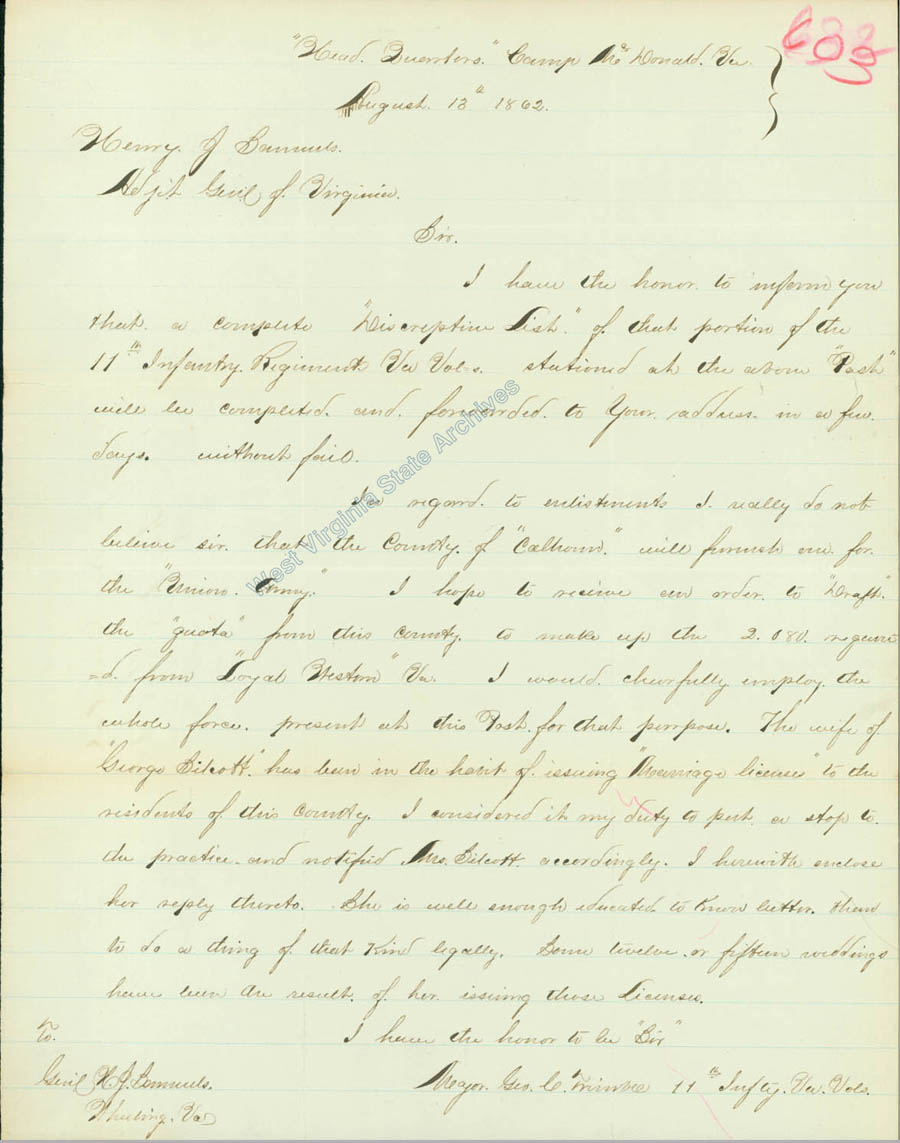 Letter from Henry J. Samuels to Major George C. Trimble regarding enlistments in Calhoun County as well as the issue of Amie Silcott issuing marriage licenses.