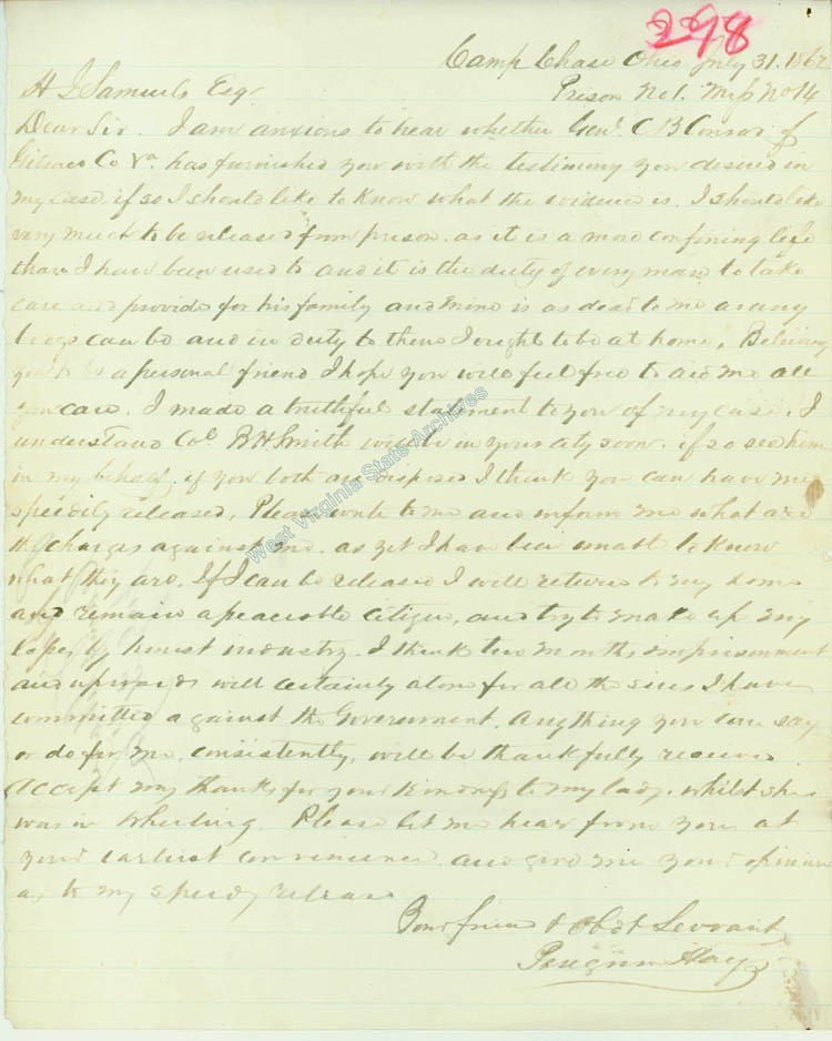 Peregrine Hays letter requesting release from Camp Chase, 1862. (Ar1722)