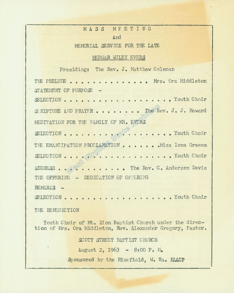Program from a memorial service for civil rights activist Medgar Wiley Evers, Scott Street Baptist Church, Bluefield, 1963. (Ms2009-009)
