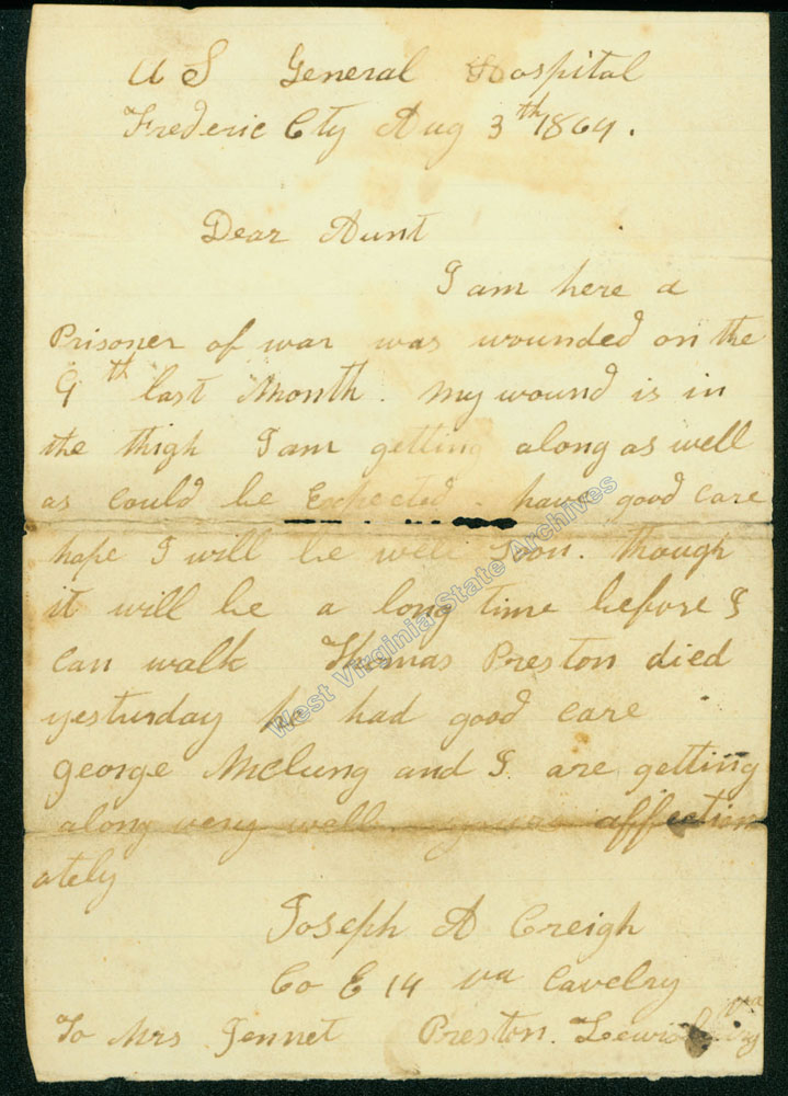 Letter from POW Joseph A. Creigh to Jennet Preston explaining his wound and subsequent care, 1864. (Ms91-67)