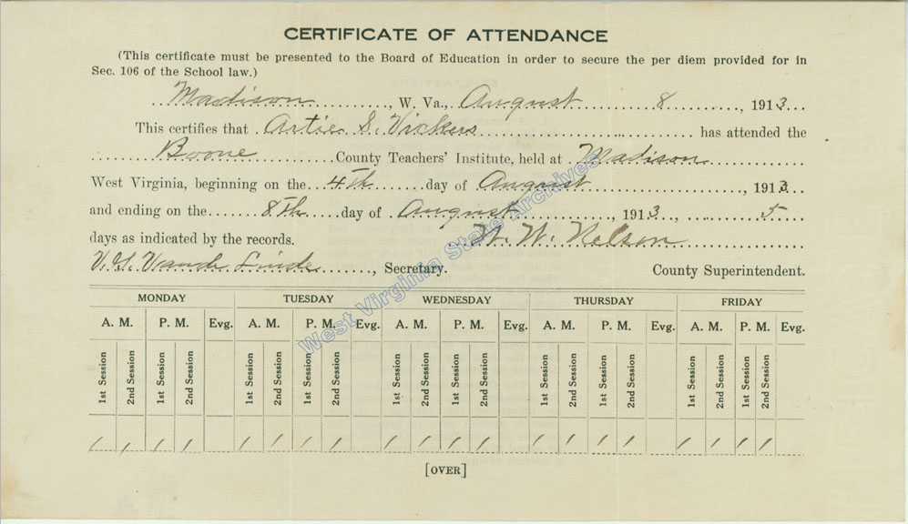 Artie S. Vickers certificate of attendance from the Boone County Teachers Institute, Madison, 1913. (Ms2009-091)