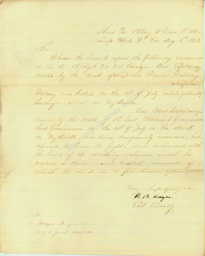 Rutherford B. Hayes letter reporting vacancies incurred during the raid on Wytheville to capture the Tennessee and Virginia Railroad, 1863. (Ar382)