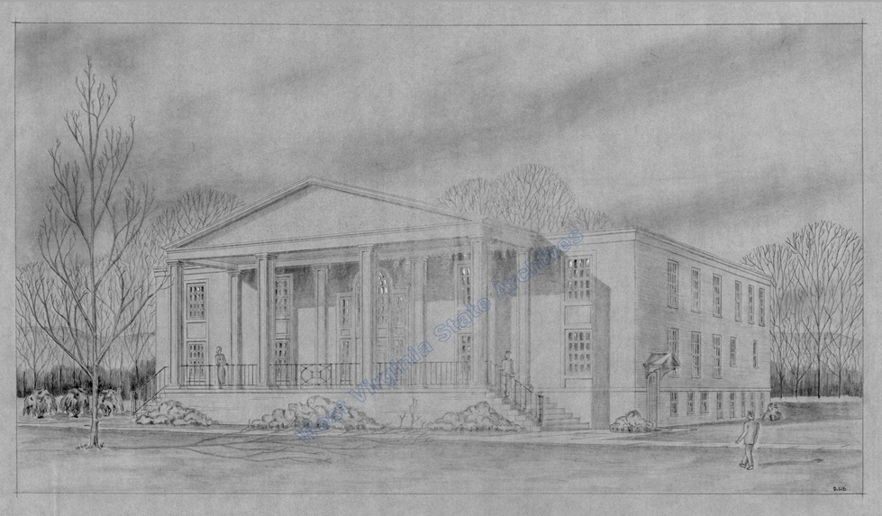 Drawing of proposed student union at West Liberty, circa 1955. (HD&M))