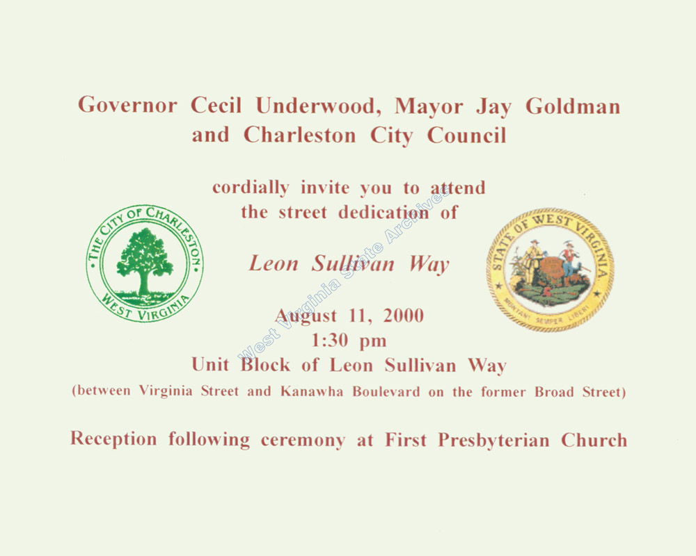 Invitation for the Dedication of Leon Sullivan Way (formerly Broad Street) in Charleston, 2000. (Sc2013-014)