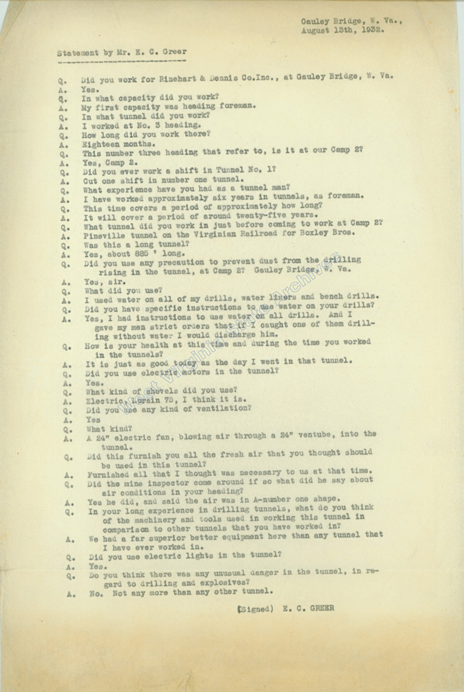 Statement of E. C. Greer regarding conditions in No. 3 Hawks Nest Tunnel, 1932. (Ms2008-092)
