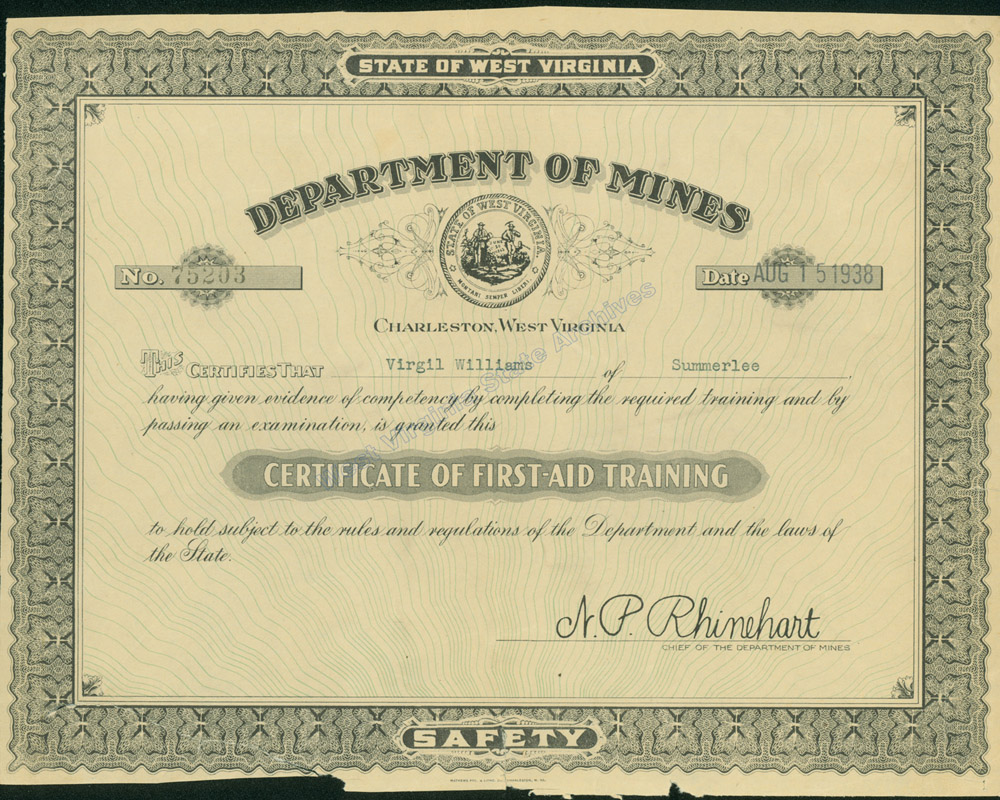 Department of Mines First Aid training certificate for Virgil Williams, 1938. (Sc2004-134)