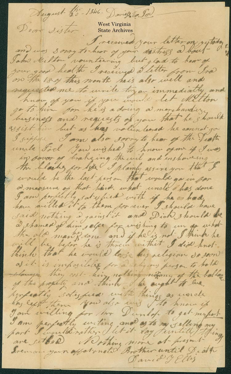 letter about heir refusing to break will and enslave freed slaves, 1846. (Ms2015-001)