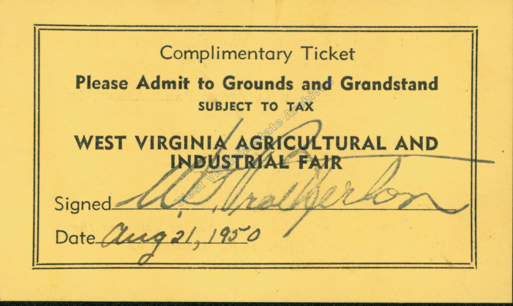Complimentary Ticket to the West Virginia Agricultural and Industrial Fair, 1950. (Sc2007-076)