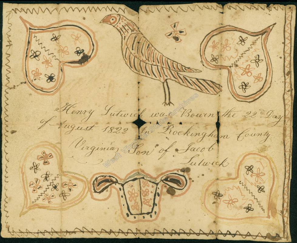 Hand-drawn birth certificate for Henry Lutwich, Rockingham County, 1822. (Ms2007-020)