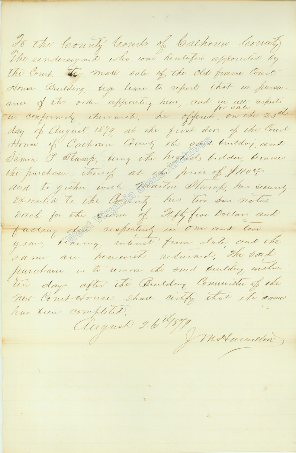 Purchase agreement between Calhoun County and Simon P. Stump for the old Calhoun Courthouse, 1879. (Ar2054)