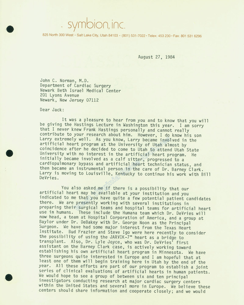 Letter from Robert Jarvik, inventor of the Jarvik-7 artificial heart, to Dr. John C. Norman, 1984. (Ms2014-074)