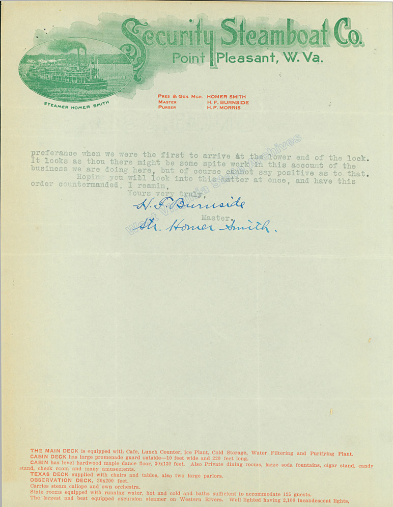 H. F. Burnside to Howard Sutherland regarding the excursion steamer 