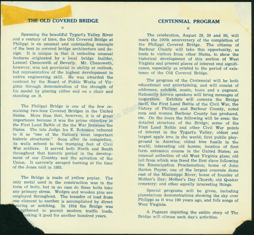 Pamphlet for the covered bridge centennial celebration in Philippi, 1952. (Sc82-28)