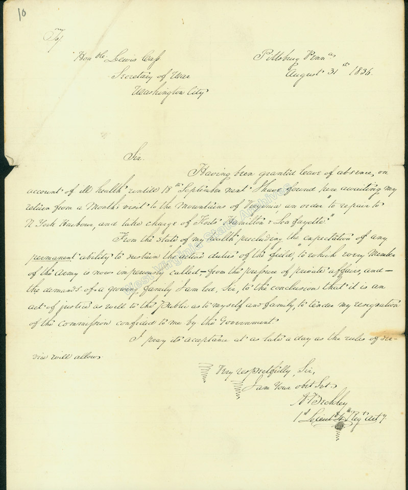 Resignation of 1st Lieutenant Alfred Beckley to Secretary of War, Lewis Cass, 1836. (Ms80-132))