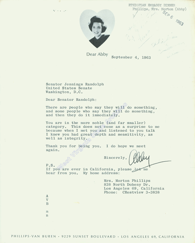 Letter from Dear Abby to Senator Jennings Randolph, 1963. (Ms2017-016)