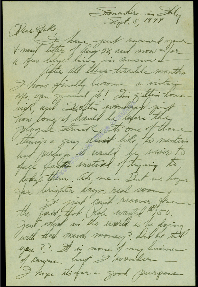 Letter written from Somewhere in Italy by Roy Edwin Kessel while serving in the 106th Station Hospital, 1944. (Ms2007-004)