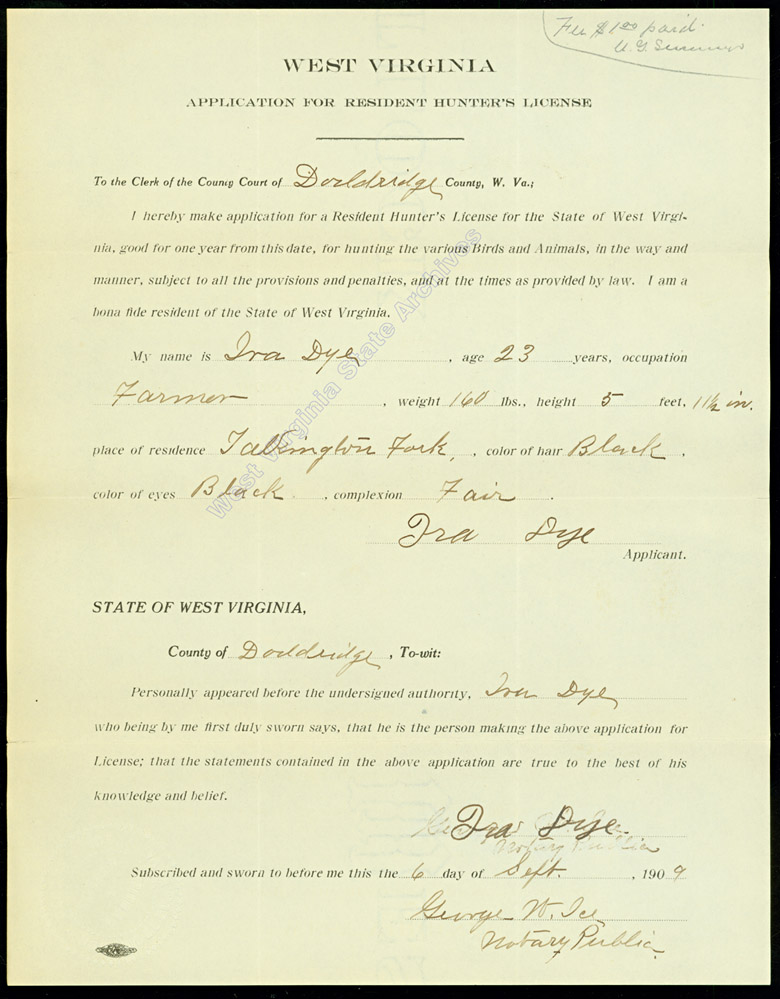Ira Dye of Doddridge County, application for resident hunter's license, 1909. (Ar2086)