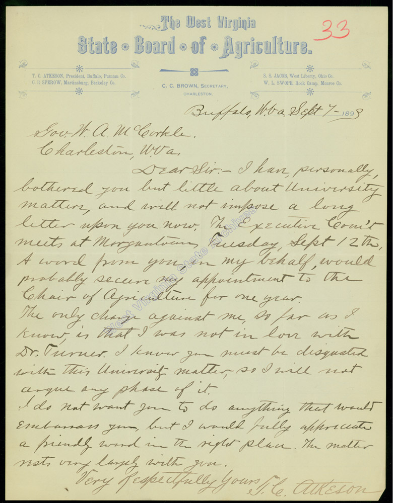 T. C. Atkeson appeal to William A. MacCorkle requesting his assistance in being appointed to Chair of Agriculture at West Virginia University, 1893. (Ar1730)