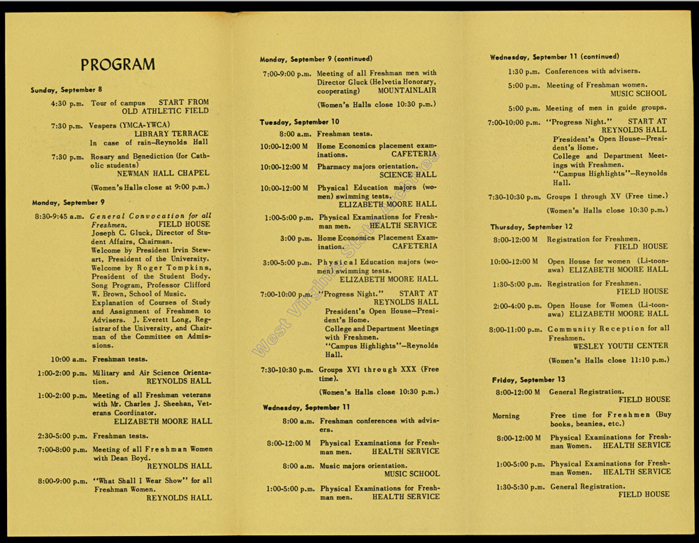 Program of activities for Freshman Week at West Virginia University, September 8-15, 1957. (Ms2009-126)