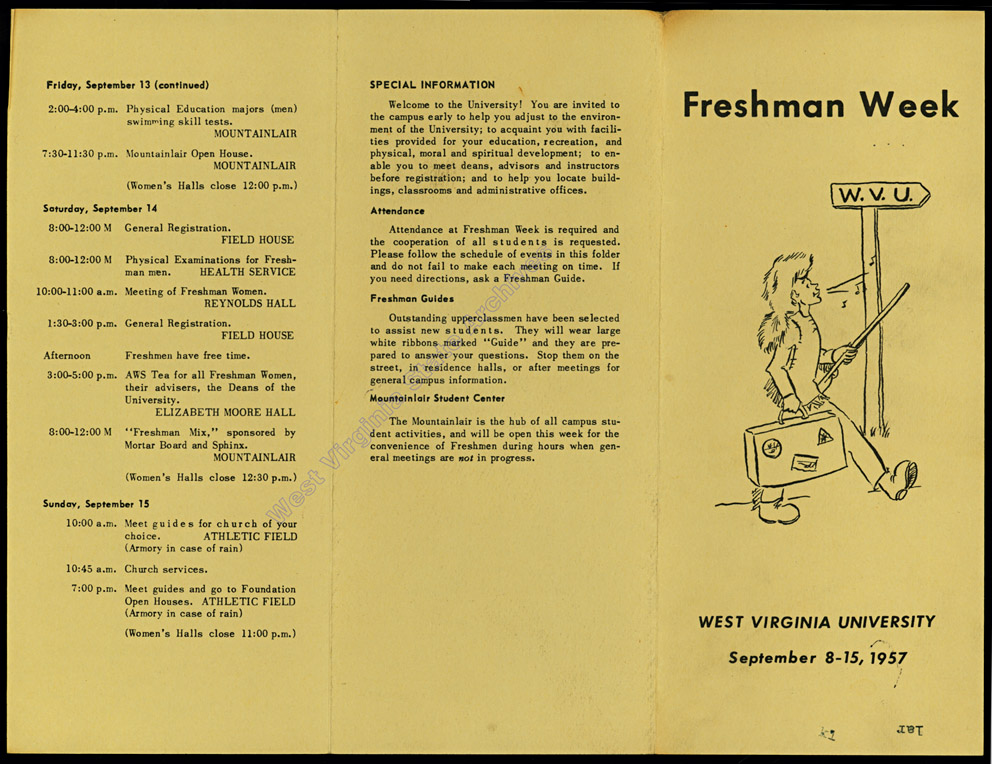 Program of activities for Freshman Week at West Virginia University, September 8-15, 1957. (Ms2009-126)
