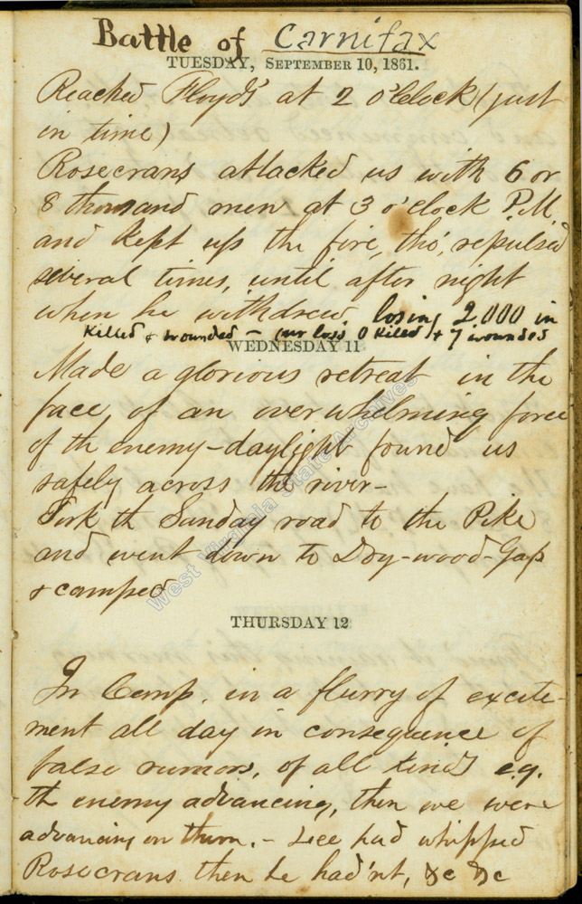 William Clark Reynolds diary entry for the Battle of Carnifex Ferry, 1861. (Ms79.18)
