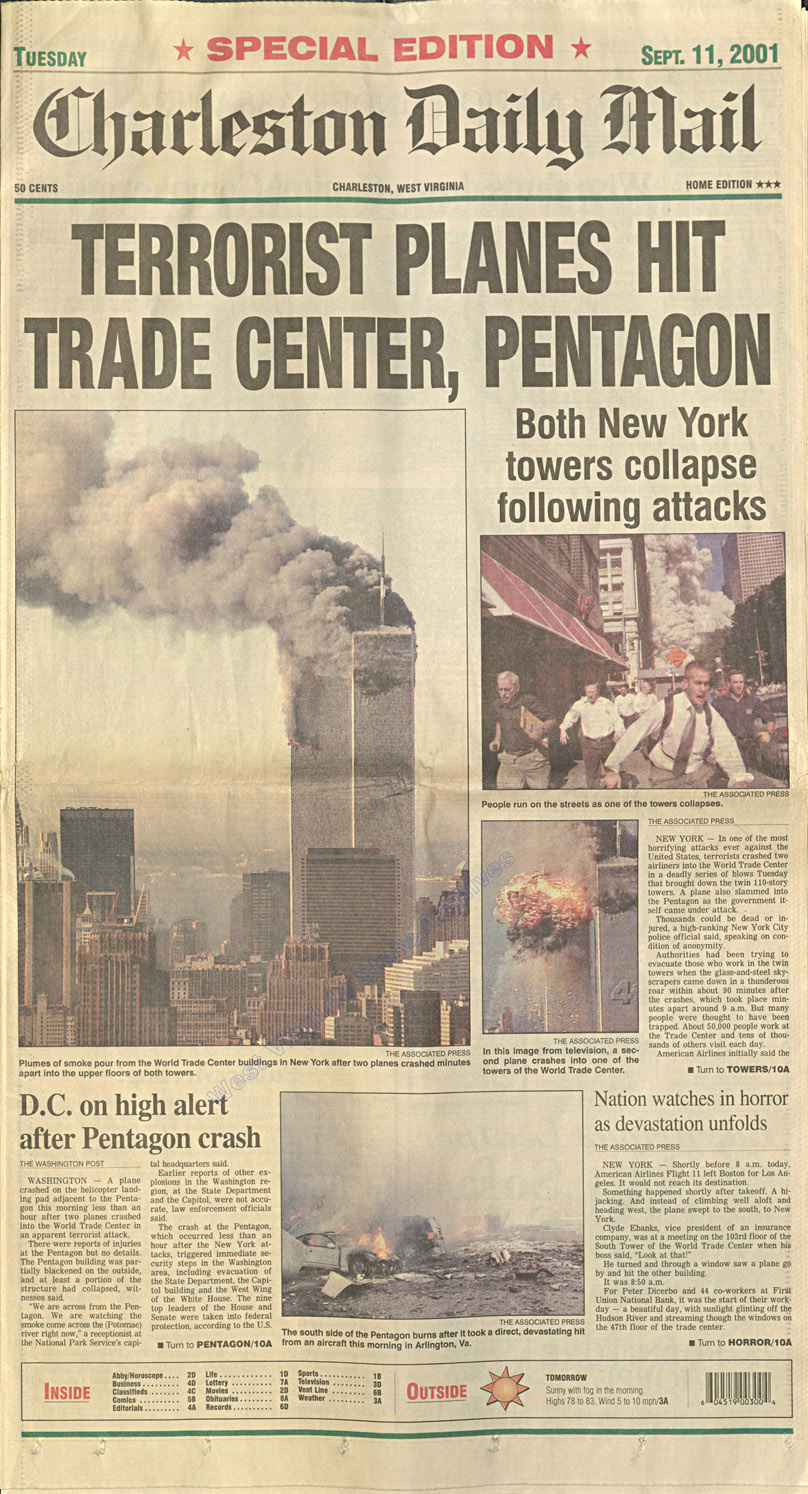 Charleston Daily Mail front page from September 11, 2001.
