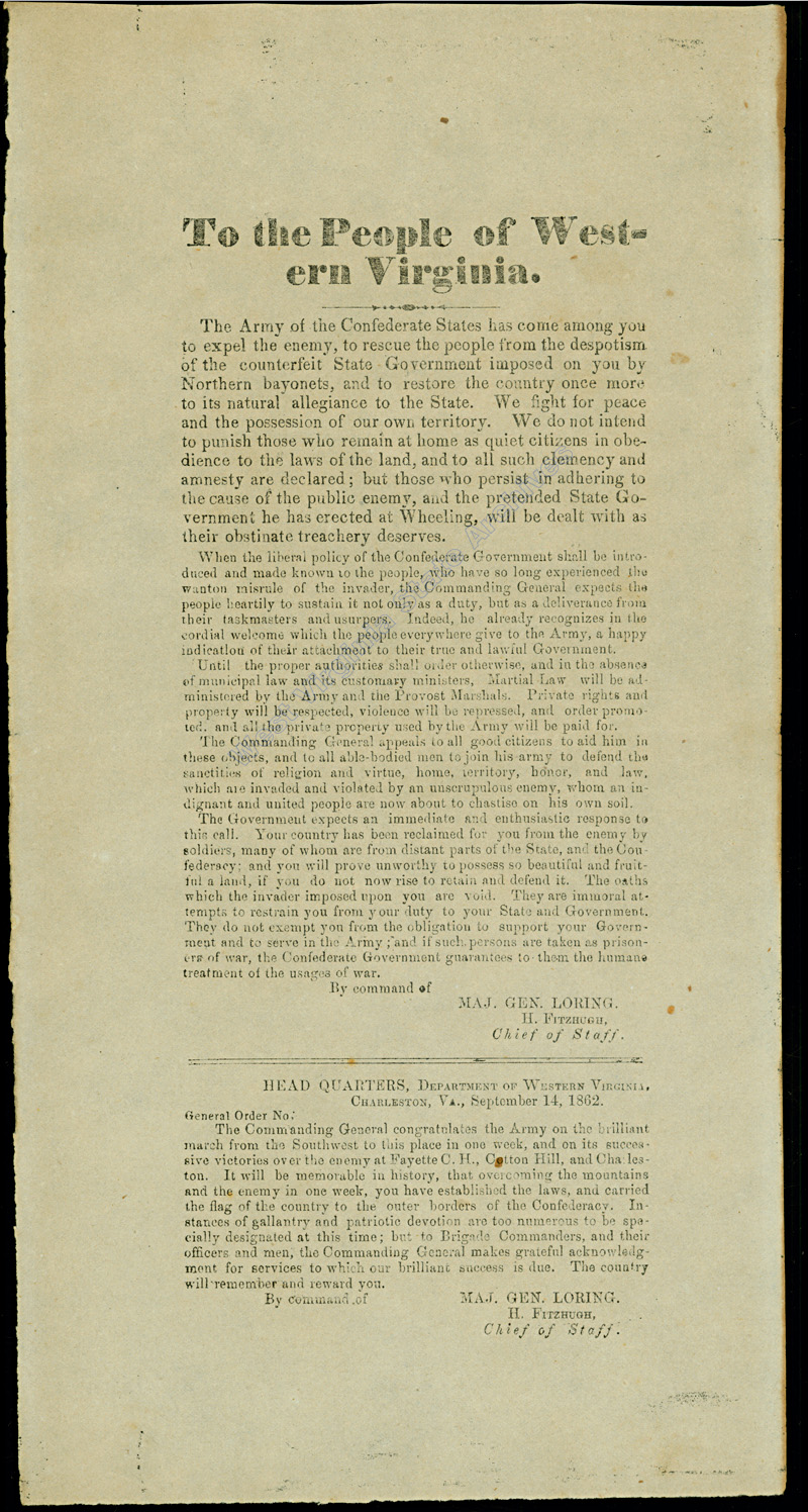 To the People of Western Virginia by CSA Major General William W. Loring, 1862. (Sc2013-033)